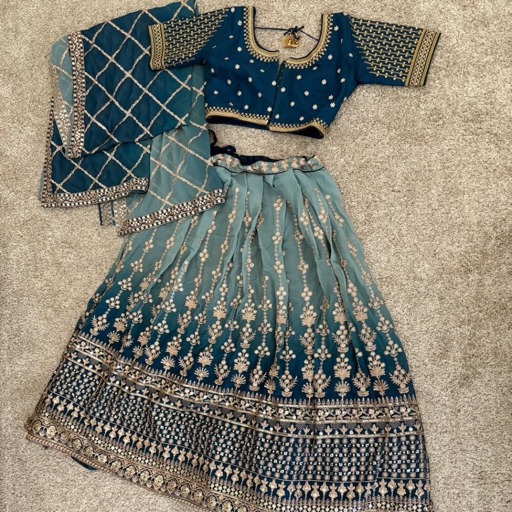 Stunning Gradient Blue and Gold Lehenga Choli with Dupatta